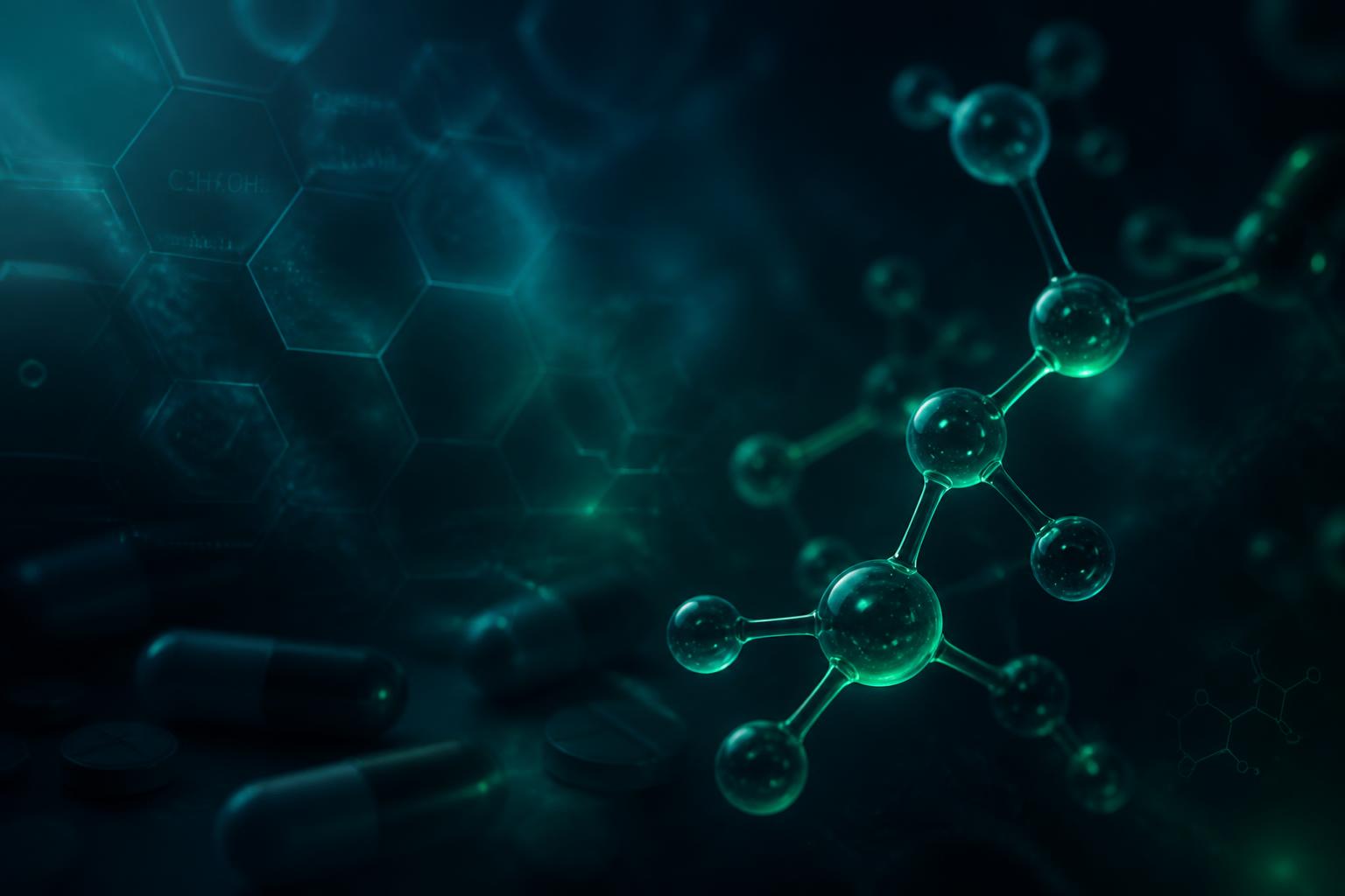 Estruturas moleculares e cápsulas representando a indústria farmacêutica